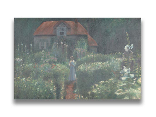 A painting of a person standing in a proliferous garden before a small house. Bushes of flowers in red, blue, white, yellow, and pink fill the scene. Printed on canvas.