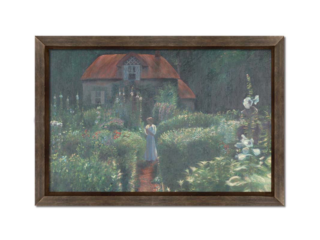 A painting of a person standing in a proliferous garden before a small house. Bushes of flowers in red, blue, white, yellow, and pink fill the scene. Printed on canvas and framed.