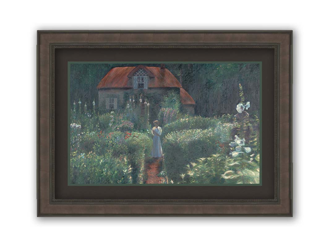 A painting of a person standing in a proliferous garden before a small house. Bushes of flowers in red, blue, white, yellow, and pink fill the scene. Printed on paper, matted, and framed.