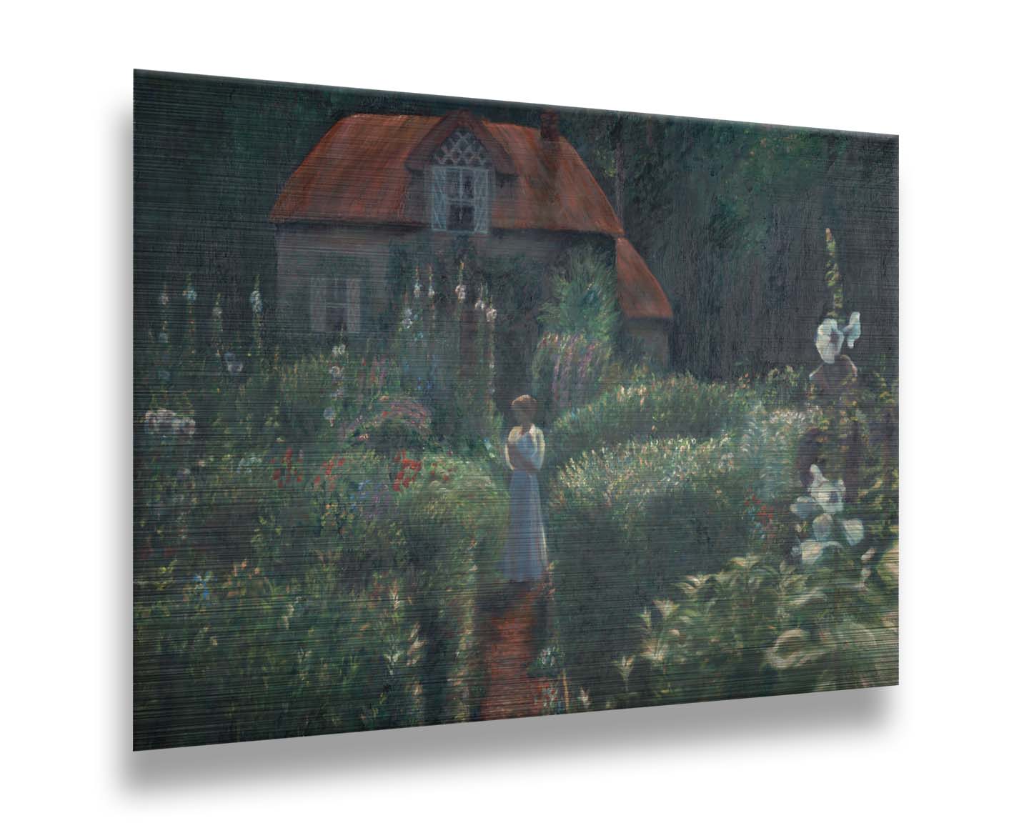 A painting of a person standing in a proliferous garden before a small house. Bushes of flowers in red, blue, white, yellow, and pink fill the scene. Printed on metal.