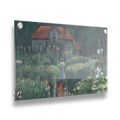 A painting of a person standing in a proliferous garden before a small house. Bushes of flowers in red, blue, white, yellow, and pink fill the scene. Printed on acrylic.