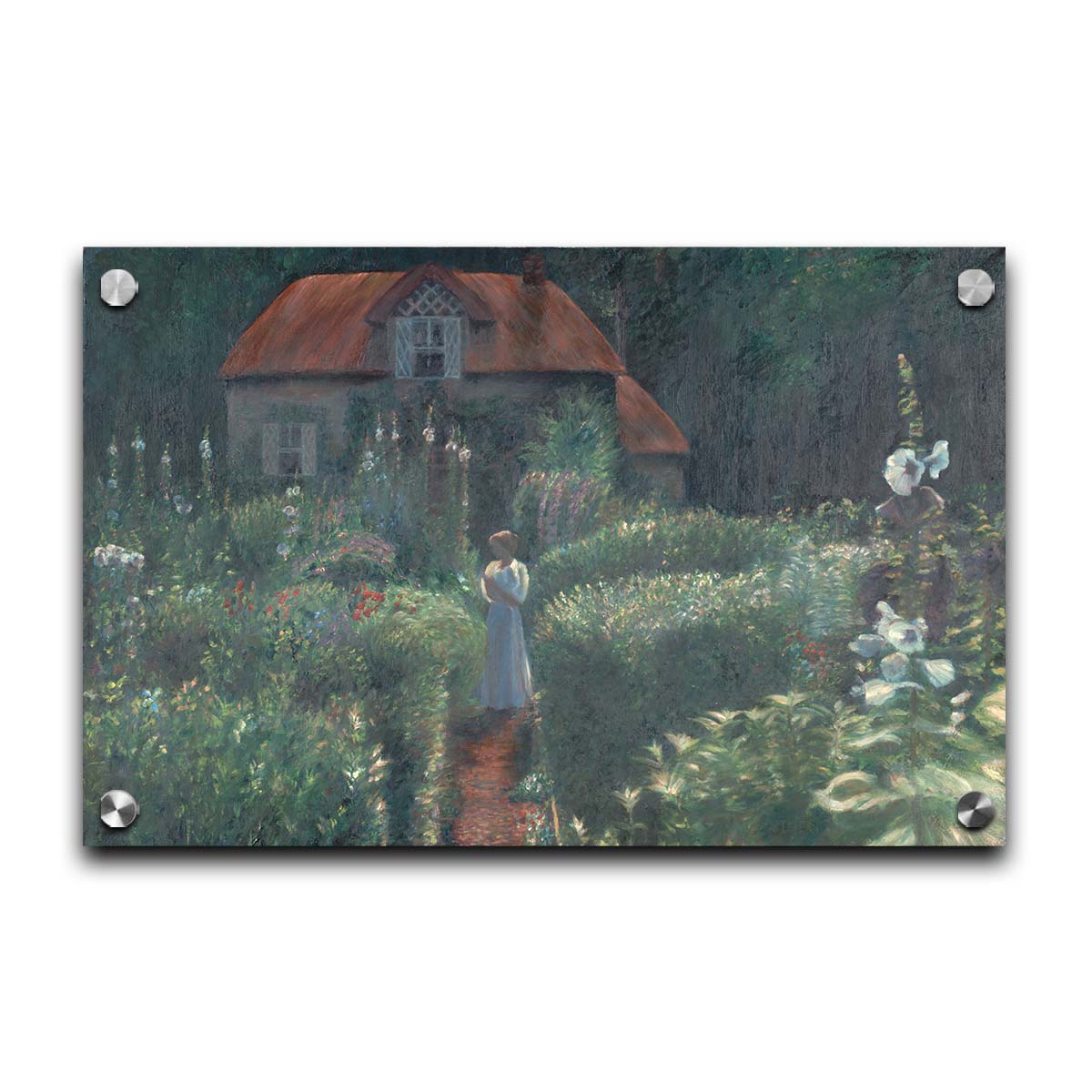 A painting of a person standing in a proliferous garden before a small house. Bushes of flowers in red, blue, white, yellow, and pink fill the scene. Printed on acrylic.