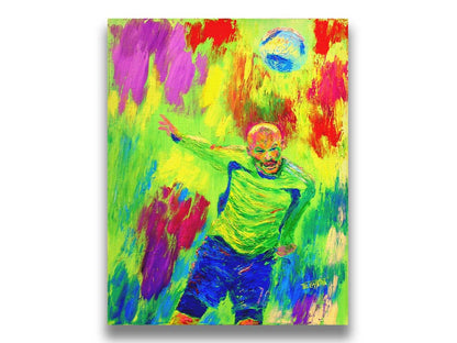 A painting of a soccer player running at a ball soaring toward them. It is painted in a bright, "neon" color palette with greens, reds, and blues. Printed on canvas.