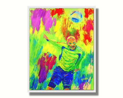 A painting of a soccer player running at a ball soaring toward them. It is painted in a bright, "neon" color palette with greens, reds, and blues. Printed on canvas in a float frame.