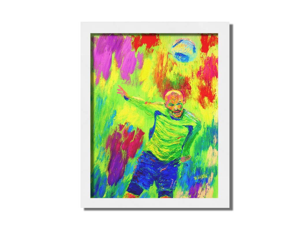 A painting of a soccer player running at a ball soaring toward them. It is painted in a bright, "neon" color palette with greens, reds, and blues. Printed on canvas and framed.