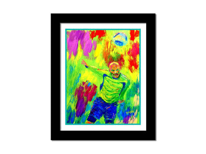 A painting of a soccer player running at a ball soaring toward them. It is painted in a bright, "neon" color palette with greens, reds, and blues. Printed on paper, matted, and framed.