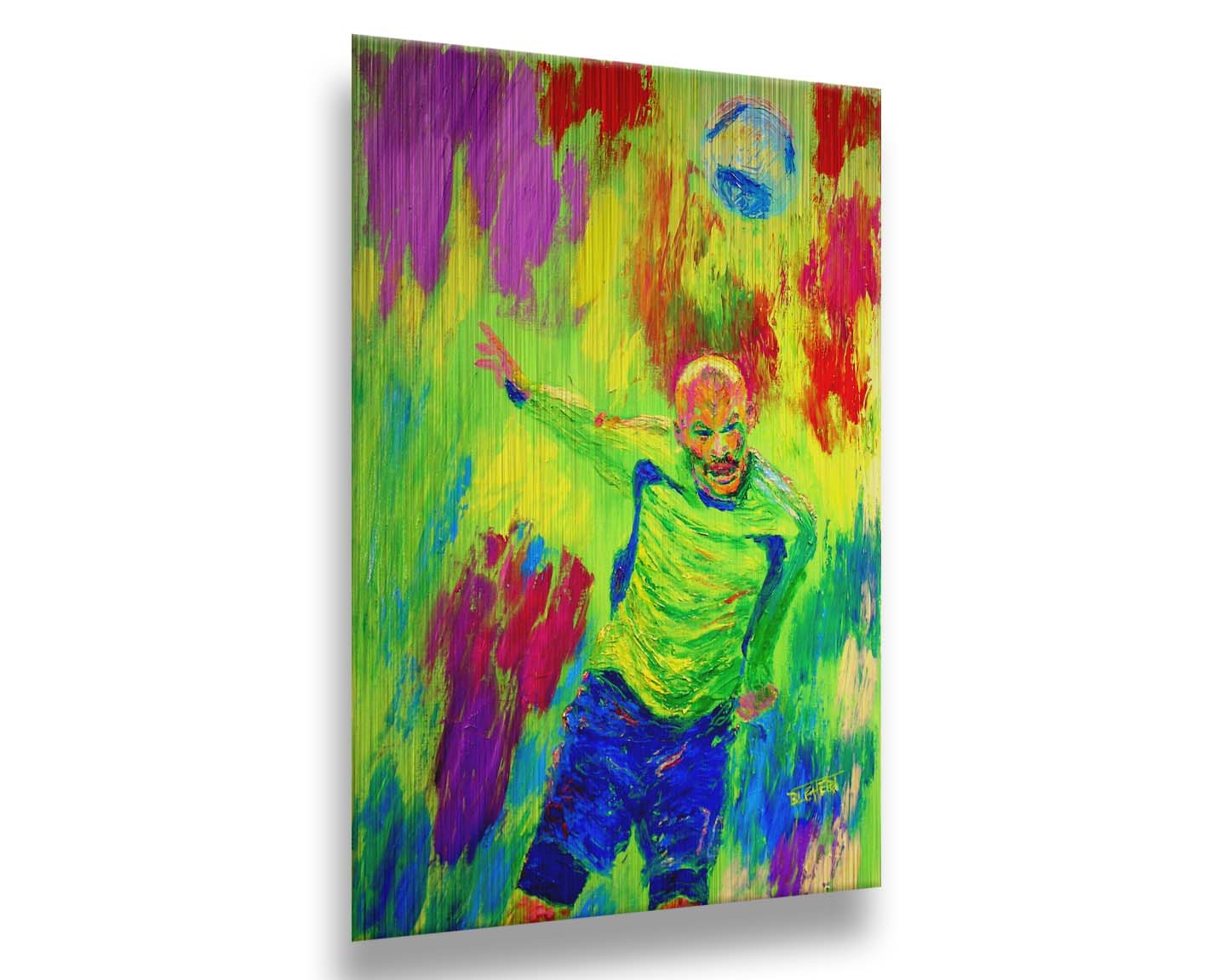 A painting of a soccer player running at a ball soaring toward them. It is painted in a bright, "neon" color palette with greens, reds, and blues. Printed on metal.