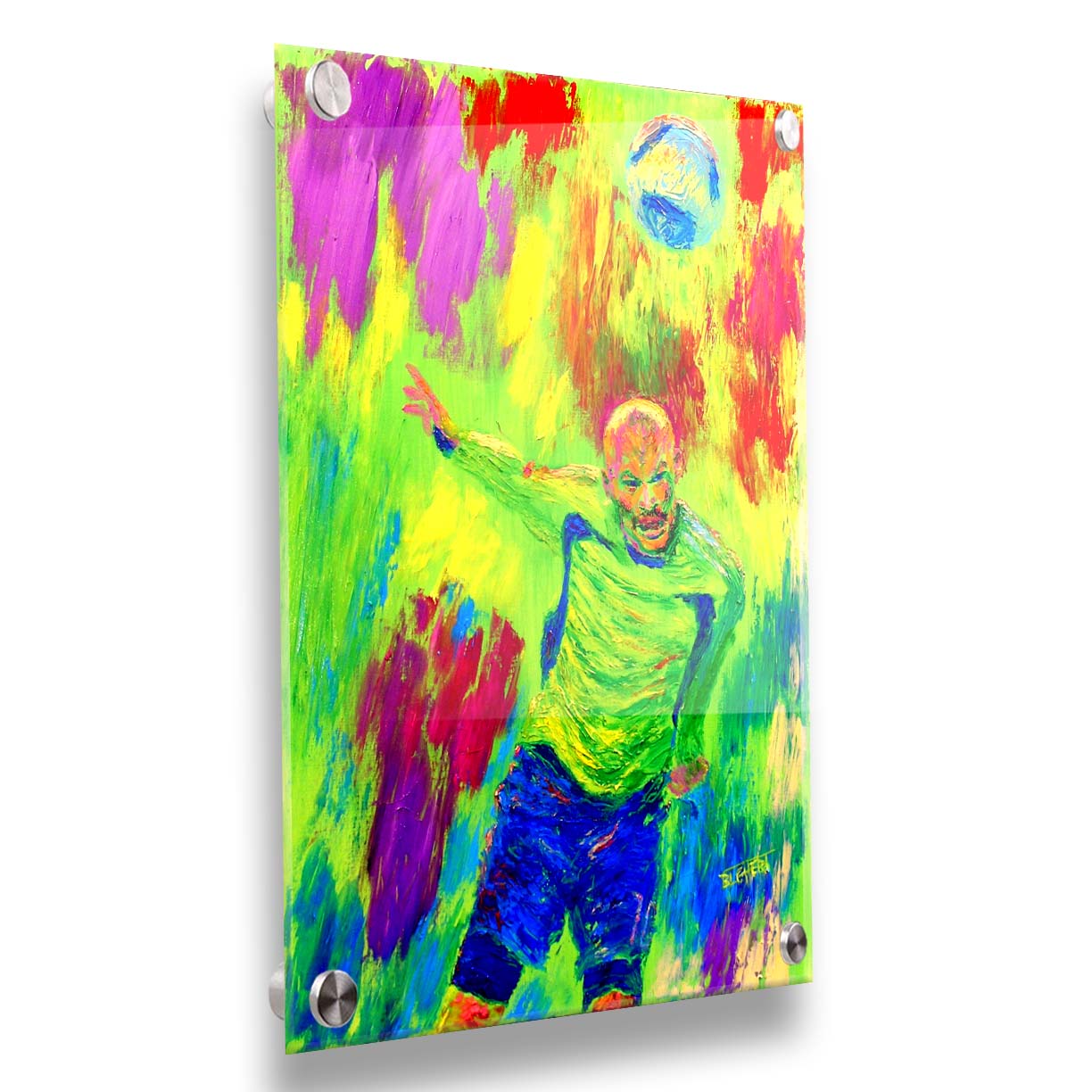 A painting of a soccer player running at a ball soaring toward them. It is painted in a bright, "neon" color palette with greens, reds, and blues. Printed on acrylic.