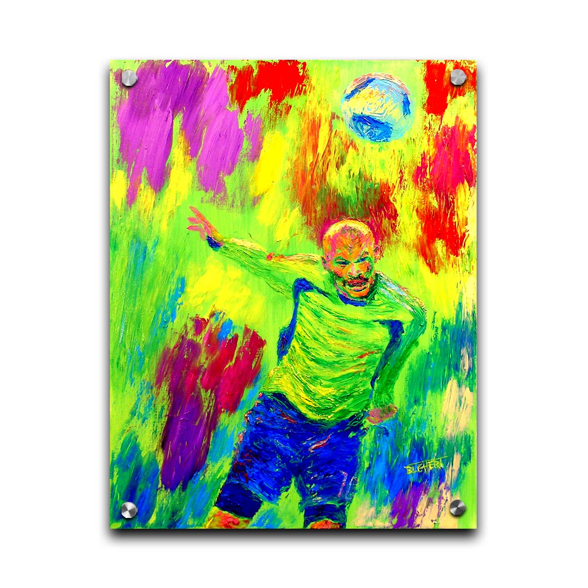 A painting of a soccer player running at a ball soaring toward them. It is painted in a bright, "neon" color palette with greens, reds, and blues. Printed on acrylic.