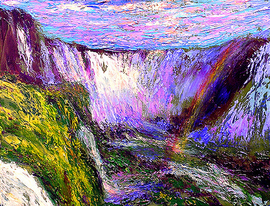 Colorful abstract painting of a landscape with a waterfall and rainbow.