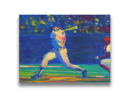 A painting of Minnesota Twins baseball player Kent Hrbek swinging a bat on the field. Printed on canvas.