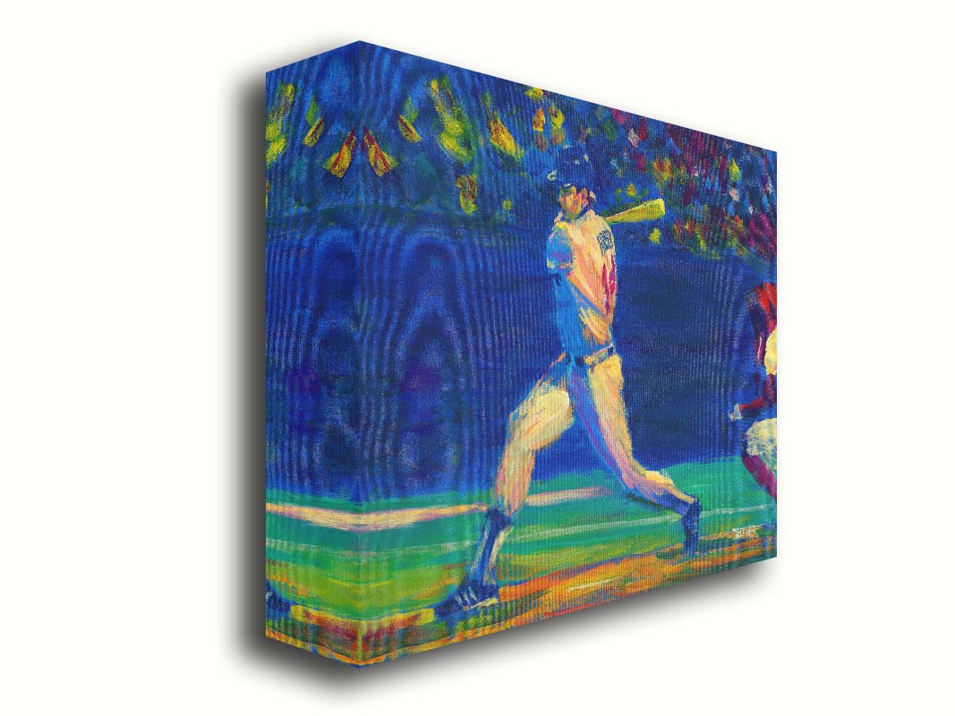 A painting of Minnesota Twins baseball player Kent Hrbek swinging a bat on the field. Printed on canvas.