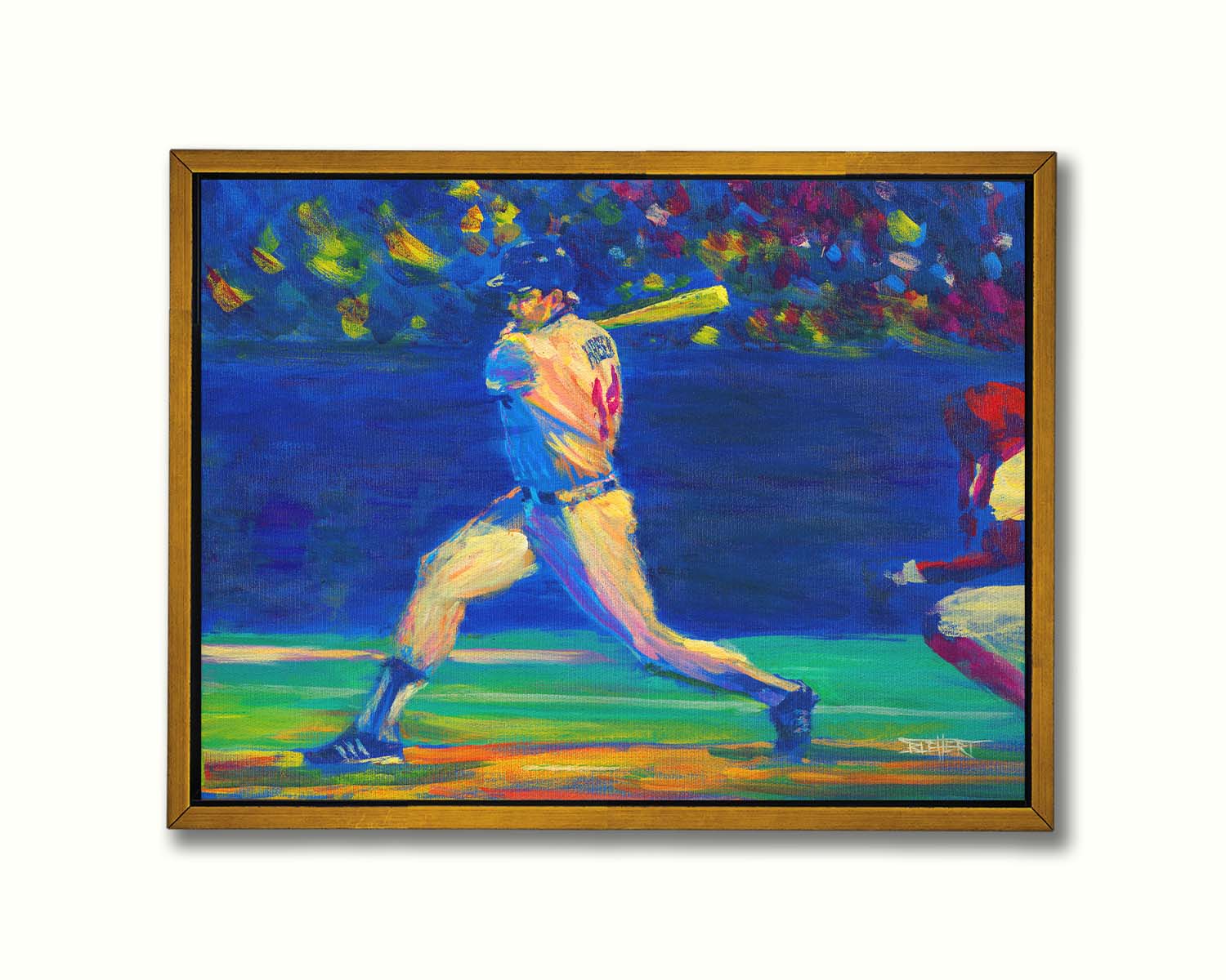 A painting of Minnesota Twins baseball player Kent Hrbek swinging a bat on the field. Printed on canvas in a float frame.