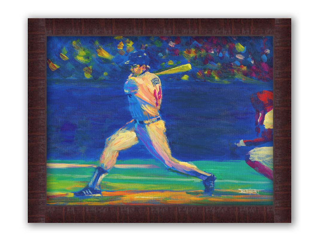 A painting of Minnesota Twins baseball player Kent Hrbek swinging a bat on the field. Printed on canvas and framed.