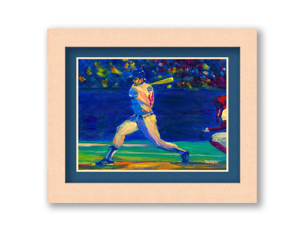 A painting of Minnesota Twins baseball player Kent Hrbek swinging a bat on the field. Printed on paper, matted, and framed.