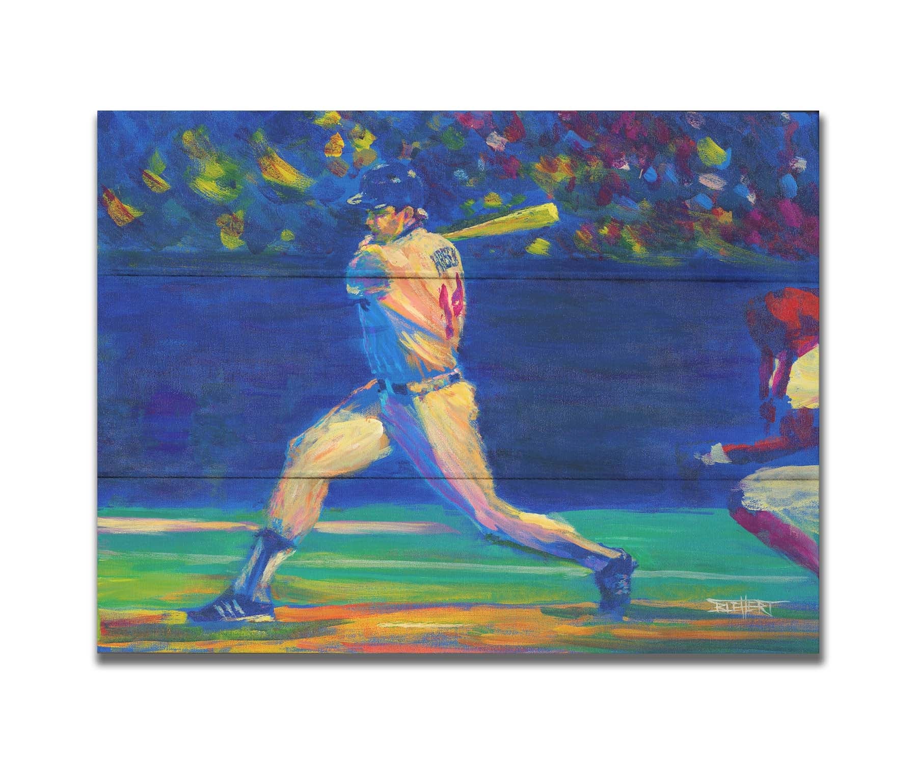 A painting of Minnesota Twins baseball player Kent Hrbek swinging a bat on the field. Printed on a box board.