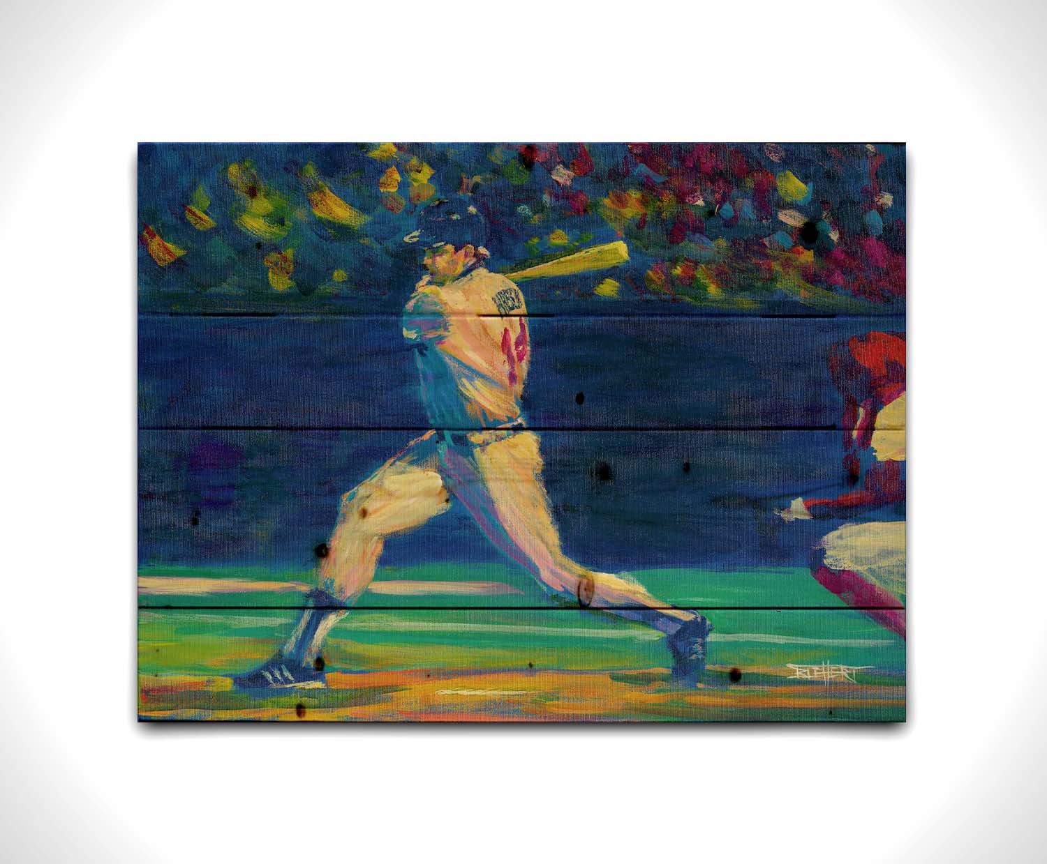 A painting of Minnesota Twins baseball player Kent Hrbek swinging a bat on the field. Printed on a wood pallet.