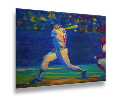 A painting of Minnesota Twins baseball player Kent Hrbek swinging a bat on the field. Printed on metal.