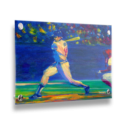 A painting of Minnesota Twins baseball player Kent Hrbek swinging a bat on the field. Printed on acrylic.