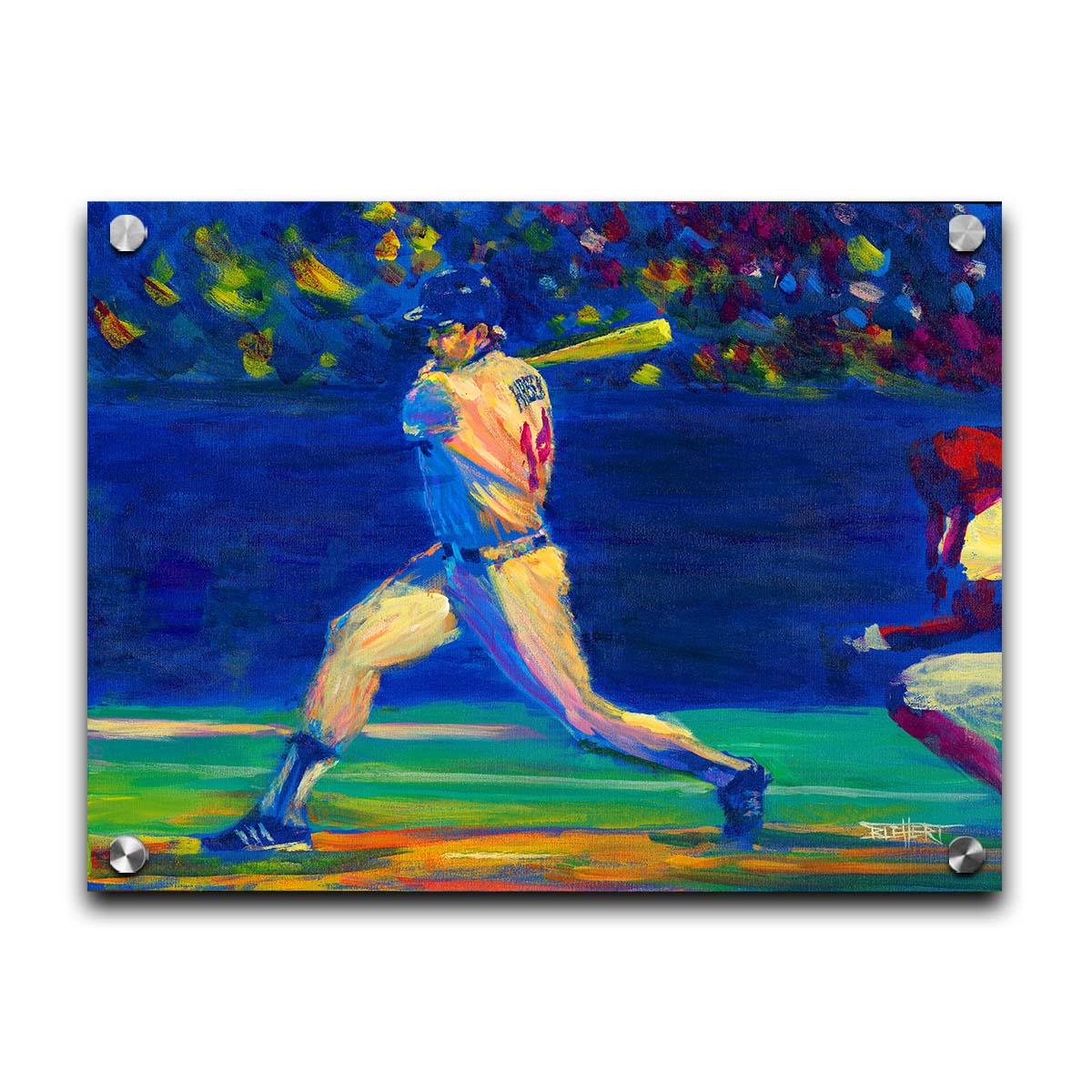 A painting of Minnesota Twins baseball player Kent Hrbek swinging a bat on the field. Printed on acrylic.