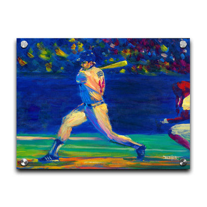 A painting of Minnesota Twins baseball player Kent Hrbek swinging a bat on the field. Printed on acrylic.