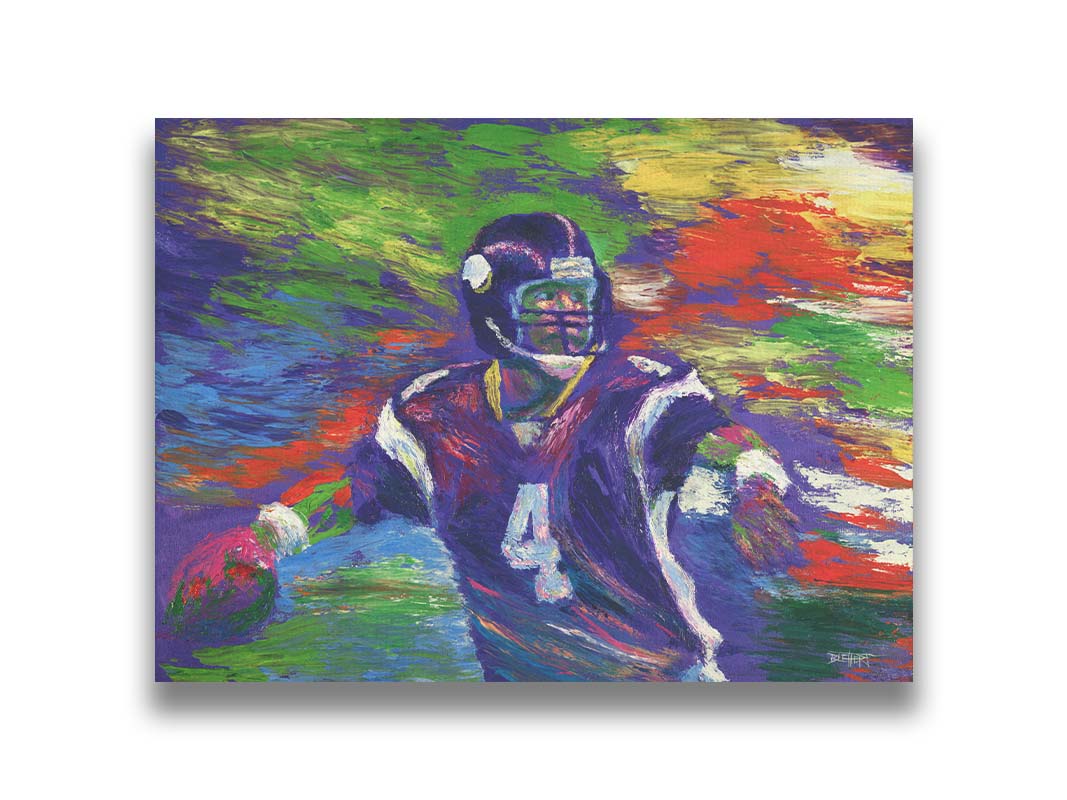 A painting of football player Brett Favre in his Minnesota Vikings uniform, poised to throw the football he is holding. Printed on canvas.