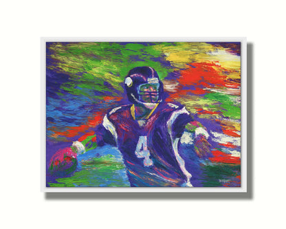 A painting of football player Brett Favre in his Minnesota Vikings uniform, poised to throw the football he is holding. Printed on canvas in a float frame.