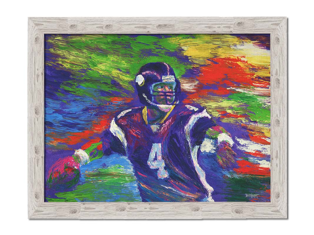 A painting of football player Brett Favre in his Minnesota Vikings uniform, poised to throw the football he is holding. Printed on canvas and framed.