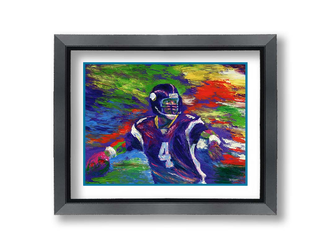 A painting of football player Brett Favre in his Minnesota Vikings uniform, poised to throw the football he is holding. Printed on paper, matted, and framed.