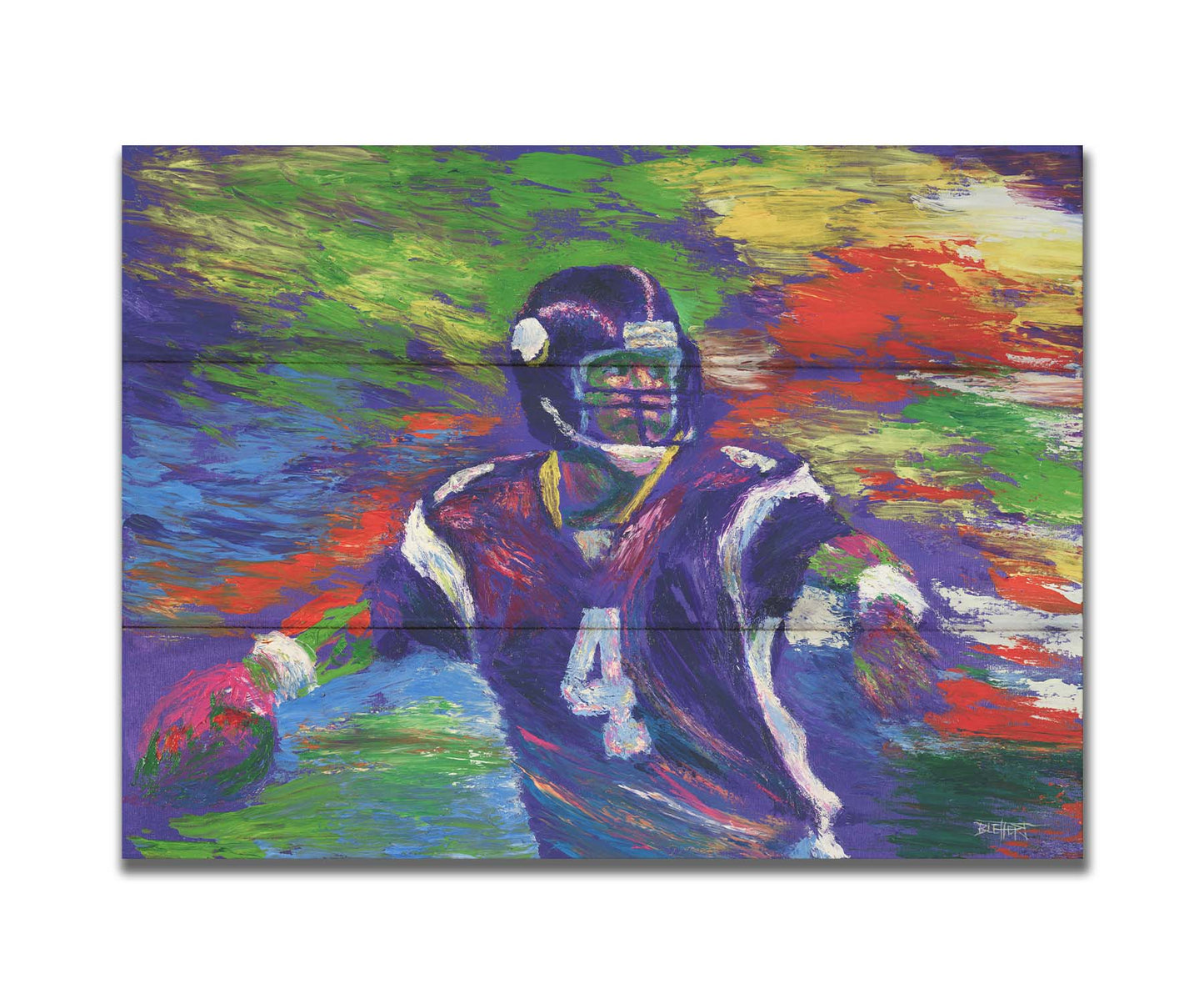 A painting of football player Brett Favre in his Minnesota Vikings uniform, poised to throw the football he is holding. Printed on a box board.