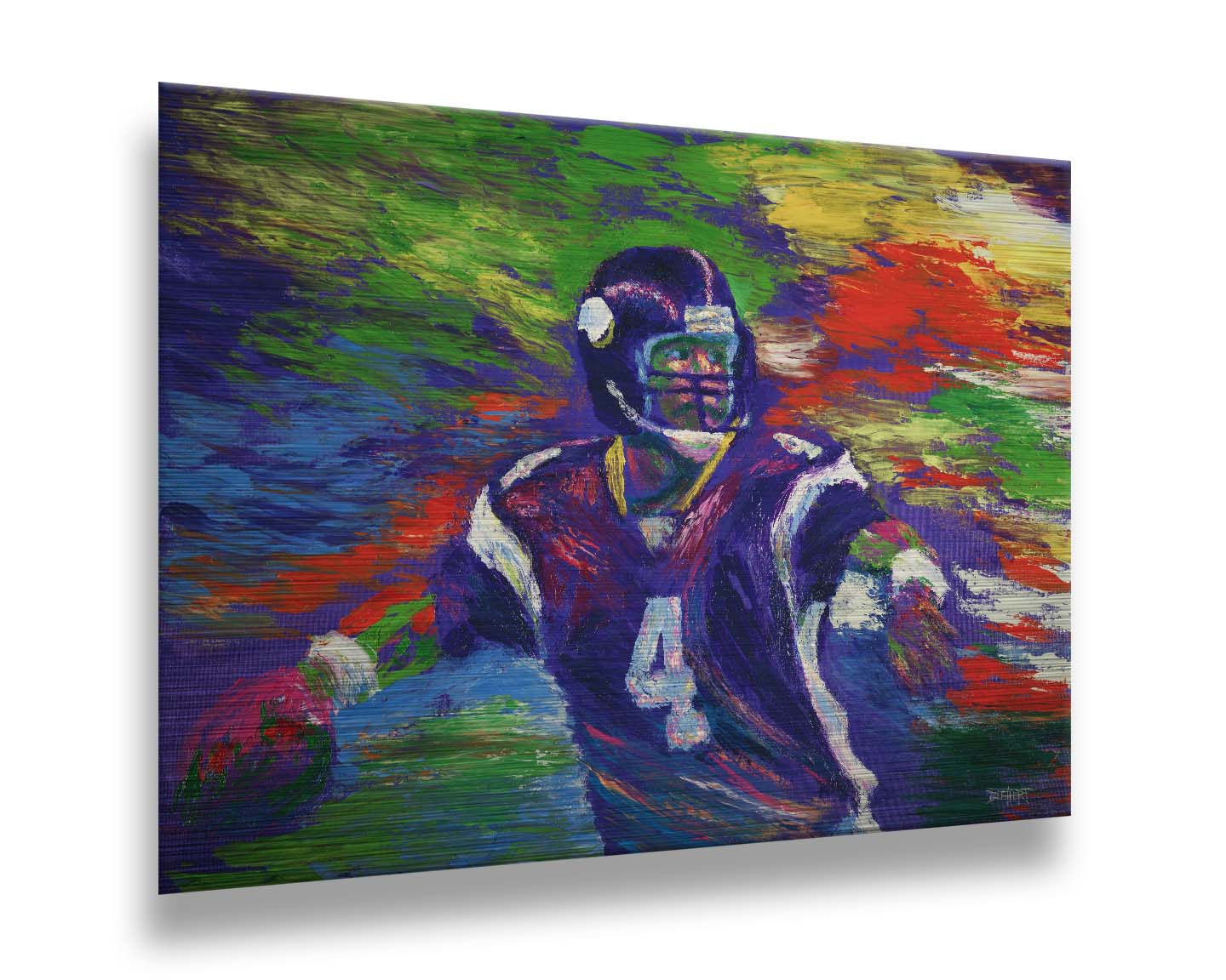 A painting of football player Brett Favre in his Minnesota Vikings uniform, poised to throw the football he is holding. Printed on metal.