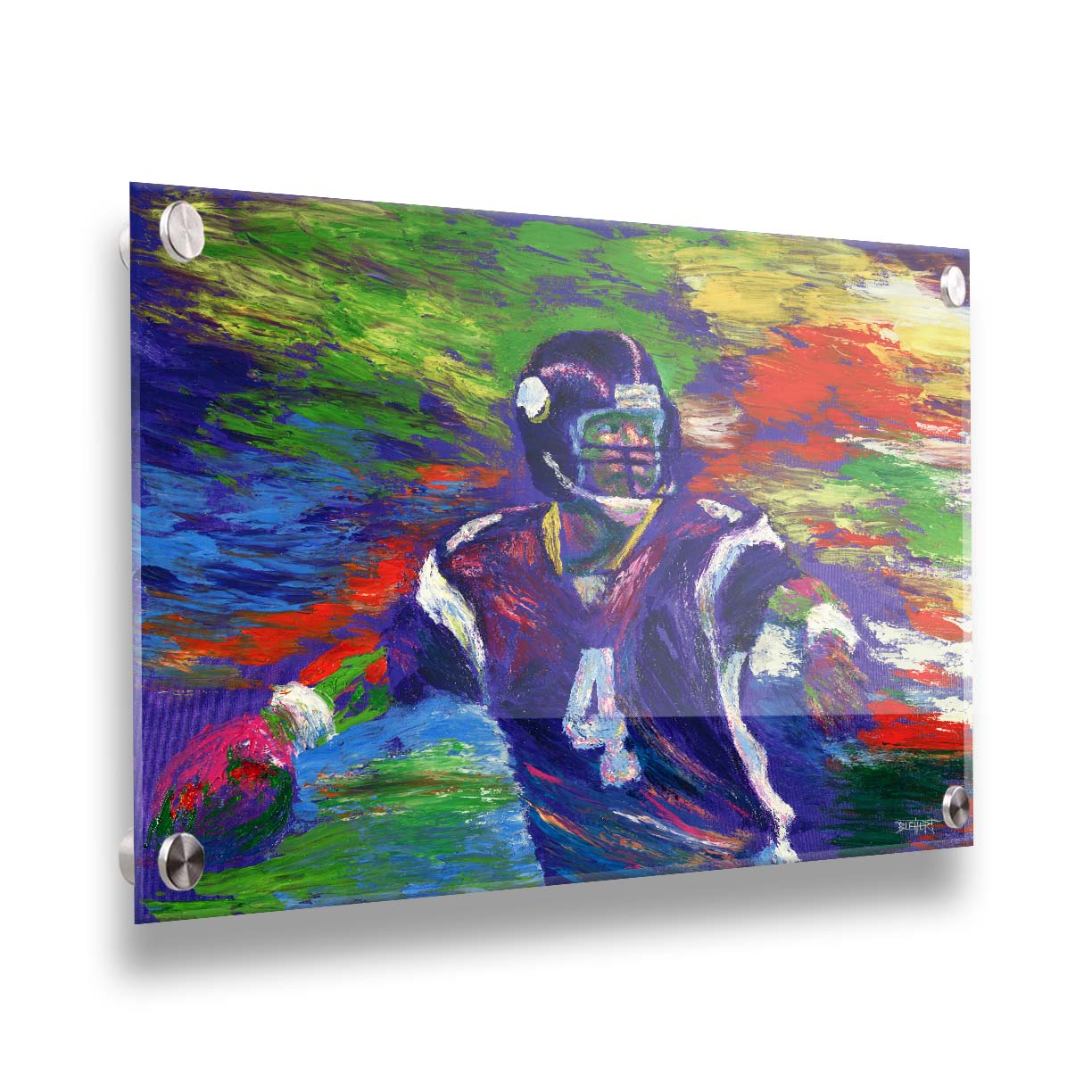 A painting of football player Brett Favre in his Minnesota Vikings uniform, poised to throw the football he is holding. Printed on acrylic.