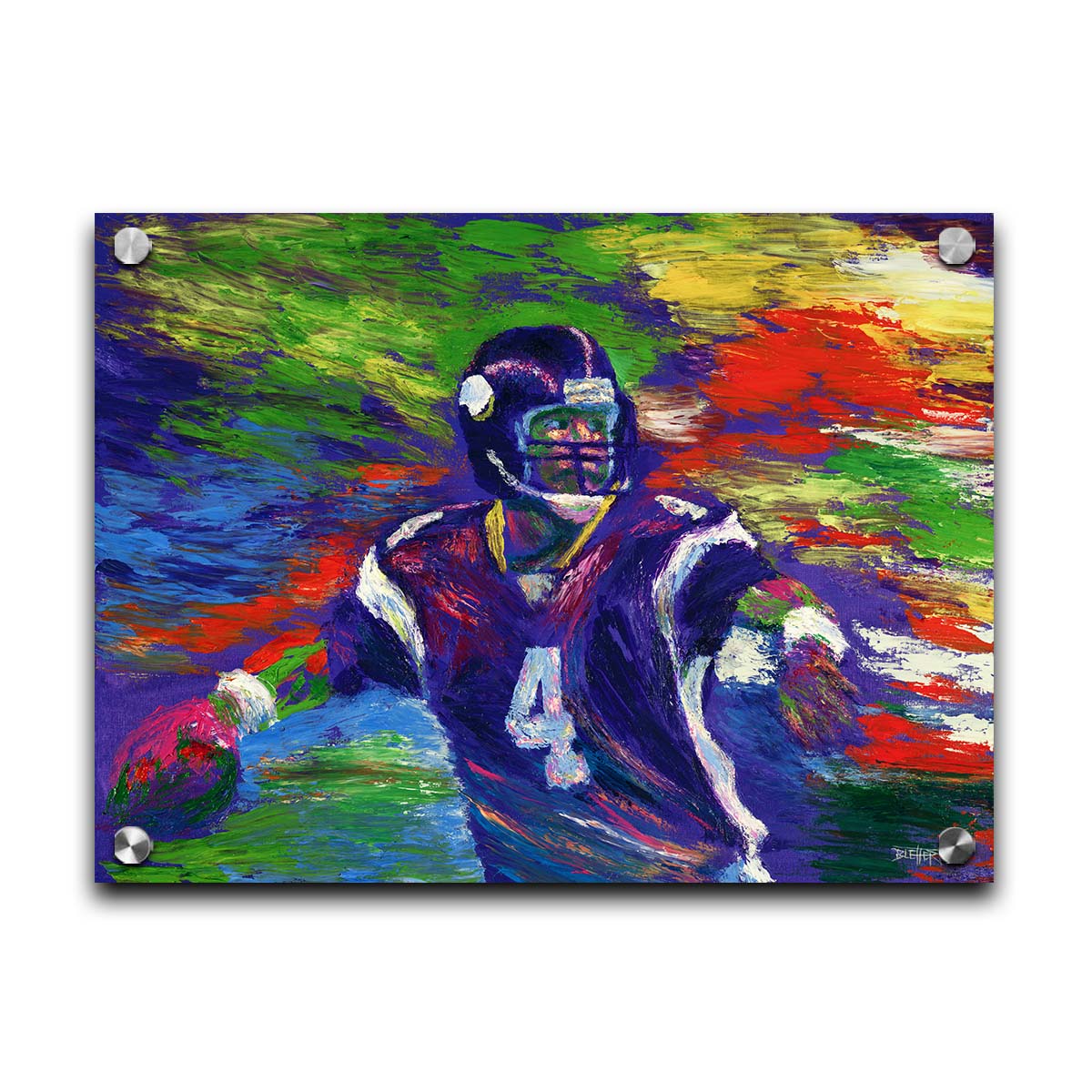 A painting of football player Brett Favre in his Minnesota Vikings uniform, poised to throw the football he is holding. Printed on acrylic.