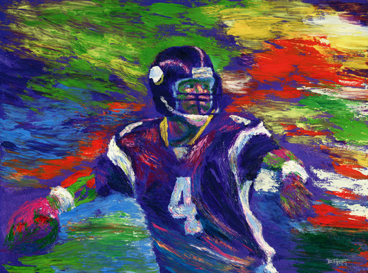 A painting of football player Brett Favre in his Minnesota Vikings uniform, poised to throw the football he is holding.