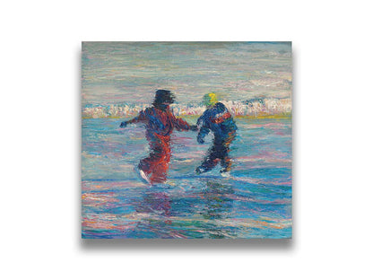 A painting of two people ice skating together. The blue ice reflects the skaters, and the shore is coated in snow. Printed on canvas.