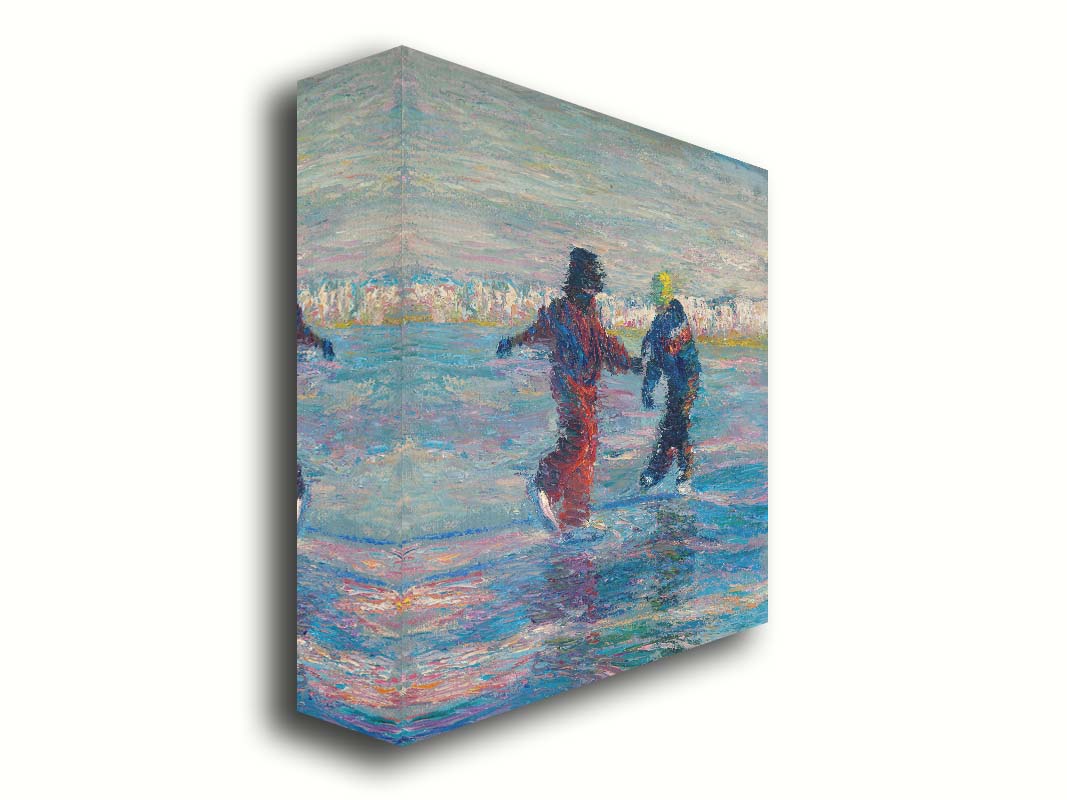 A painting of two people ice skating together. The blue ice reflects the skaters, and the shore is coated in snow. Printed on canvas.