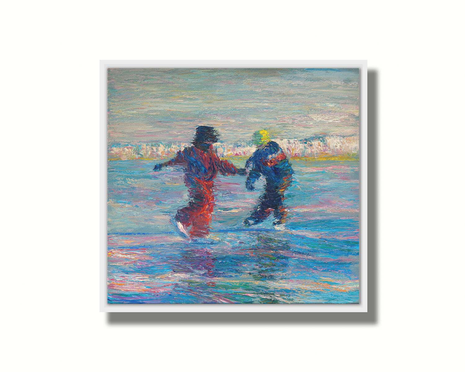 A painting of two people ice skating together. The blue ice reflects the skaters, and the shore is coated in snow. Printed on canvas in a float frame.