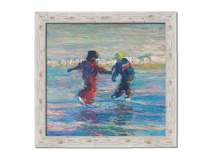 A painting of two people ice skating together. The blue ice reflects the skaters, and the shore is coated in snow. Printed on canvas and framed.