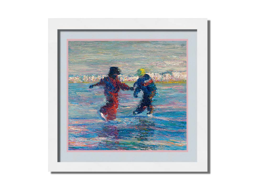 A painting of two people ice skating together. The blue ice reflects the skaters, and the shore is coated in snow. Printed on paper, matted, and framed.