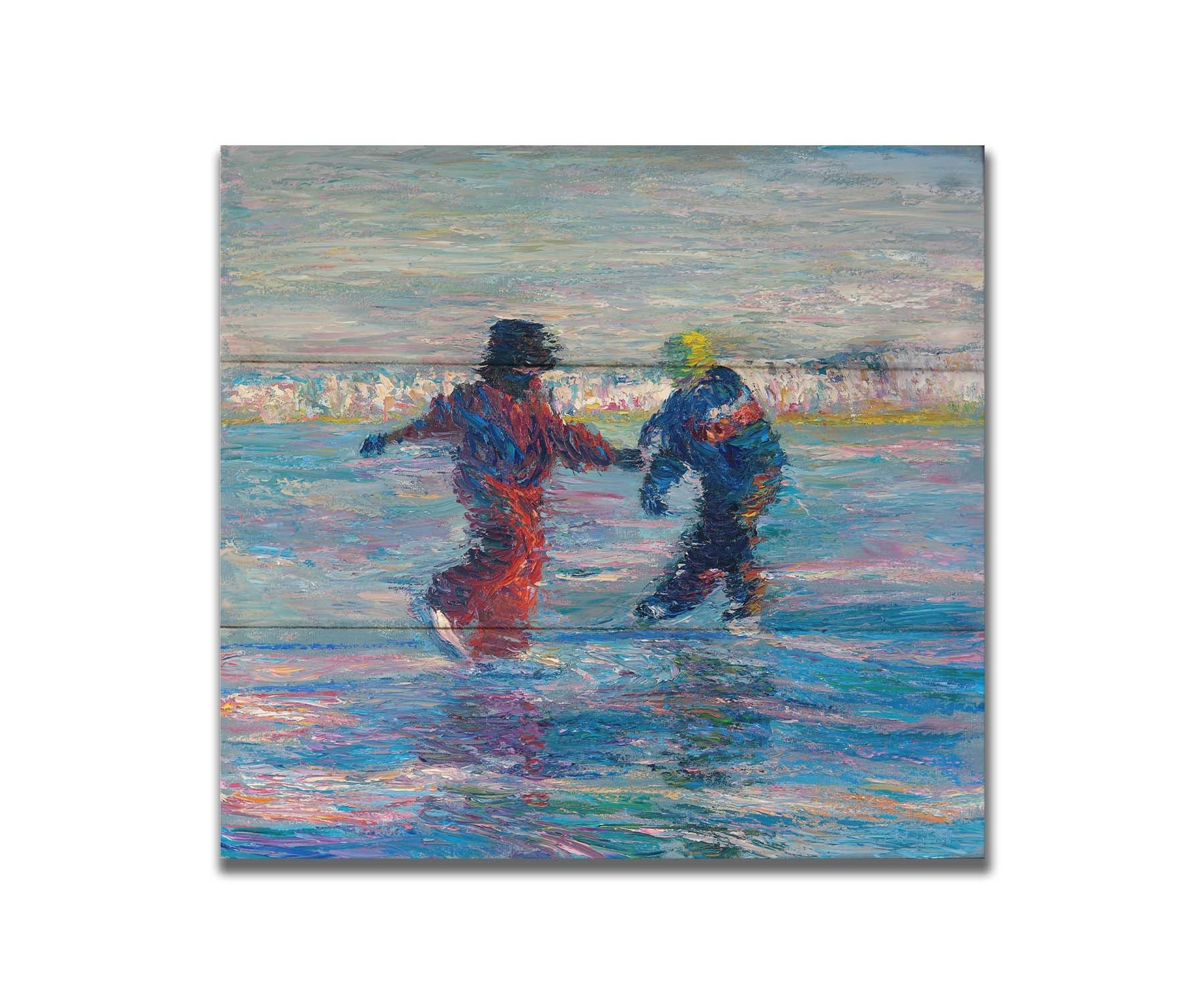 A painting of two people ice skating together. The blue ice reflects the skaters, and the shore is coated in snow. Printed on a box board.