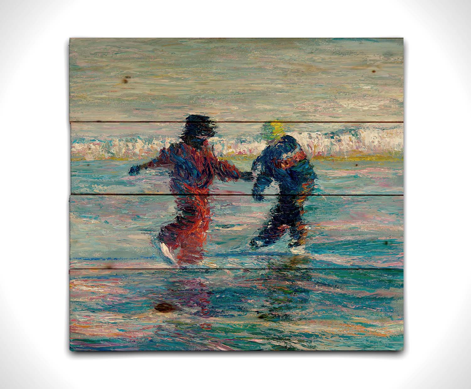 A painting of two people ice skating together. The blue ice reflects the skaters, and the shore is coated in snow. Printed on a wood pallet.