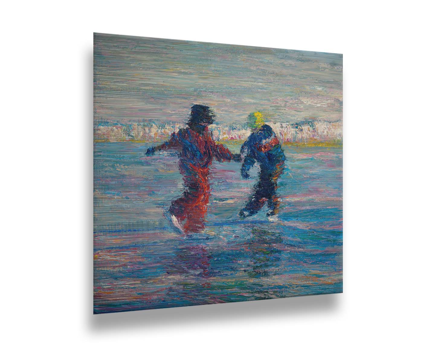 A painting of two people ice skating together. The blue ice reflects the skaters, and the shore is coated in snow. Printed on metal.