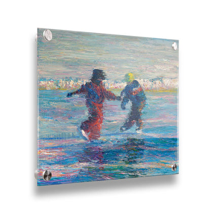 A painting of two people ice skating together. The blue ice reflects the skaters, and the shore is coated in snow. Printed on acrylic.