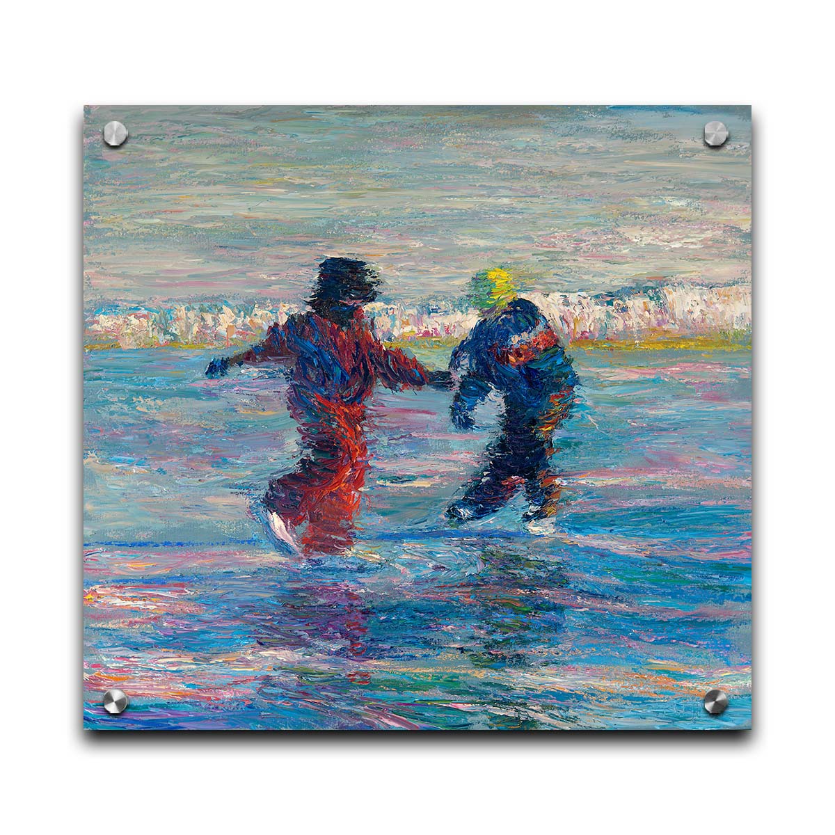 A painting of two people ice skating together. The blue ice reflects the skaters, and the shore is coated in snow. Printed on acrylic.