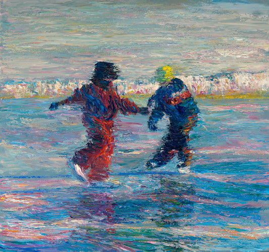 A painting of two people ice skating together. The blue ice reflects the skaters, and the shore is coated in snow.