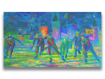 A painting of a group of ice skaters approaching the viewer. The painting is created using an infrared-like color palette, creating a unique experience. Printed on canvas.