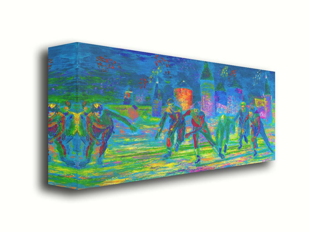 A painting of a group of ice skaters approaching the viewer. The painting is created using an infrared-like color palette, creating a unique experience. Printed on canvas.