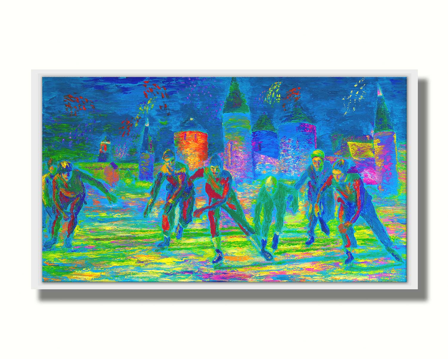 A painting of a group of ice skaters approaching the viewer. The painting is created using an infrared-like color palette, creating a unique experience. Printed on canvas in a float frame.