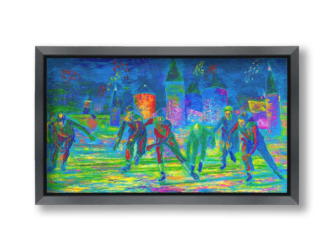 A painting of a group of ice skaters approaching the viewer. The painting is created using an infrared-like color palette, creating a unique experience. Printed on canvas and framed.