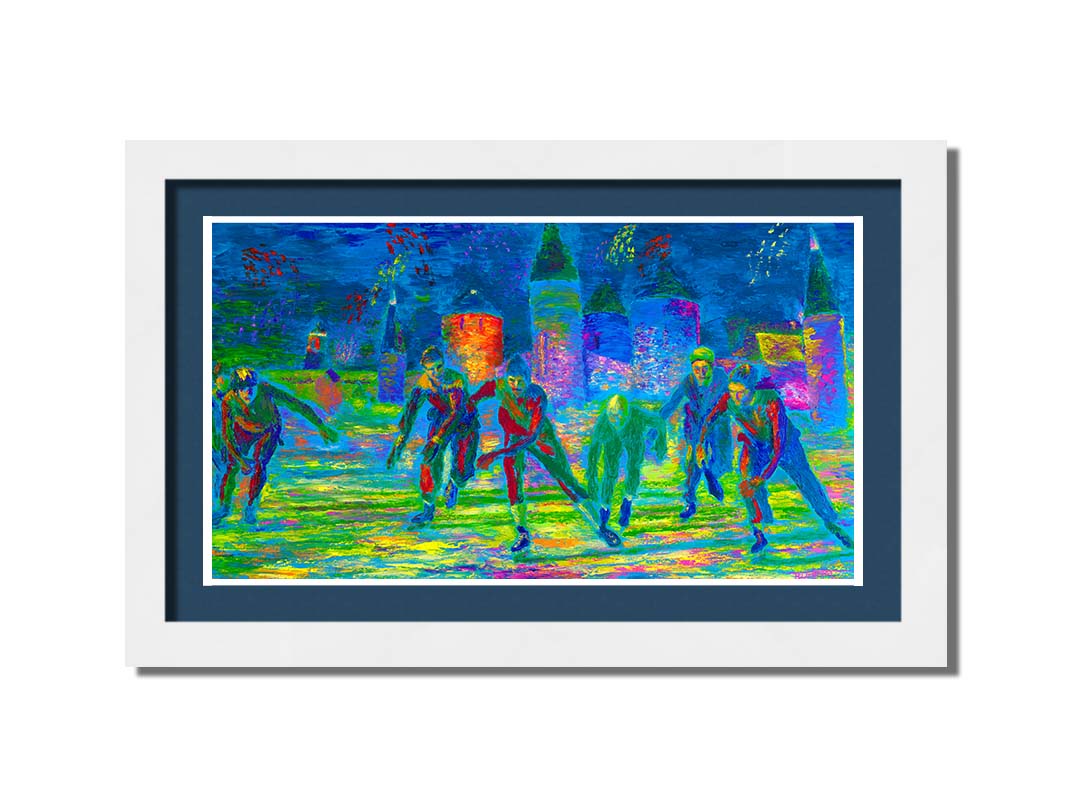 A painting of a group of ice skaters approaching the viewer. The painting is created using an infrared-like color palette, creating a unique experience. Printed on paper, matted, and framed.